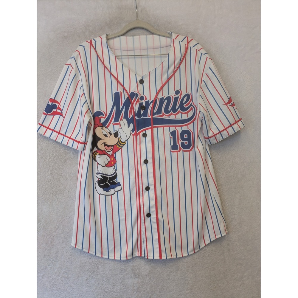Disney Minnie Mouse Baseball Jersey Women's Small White Pinstripe